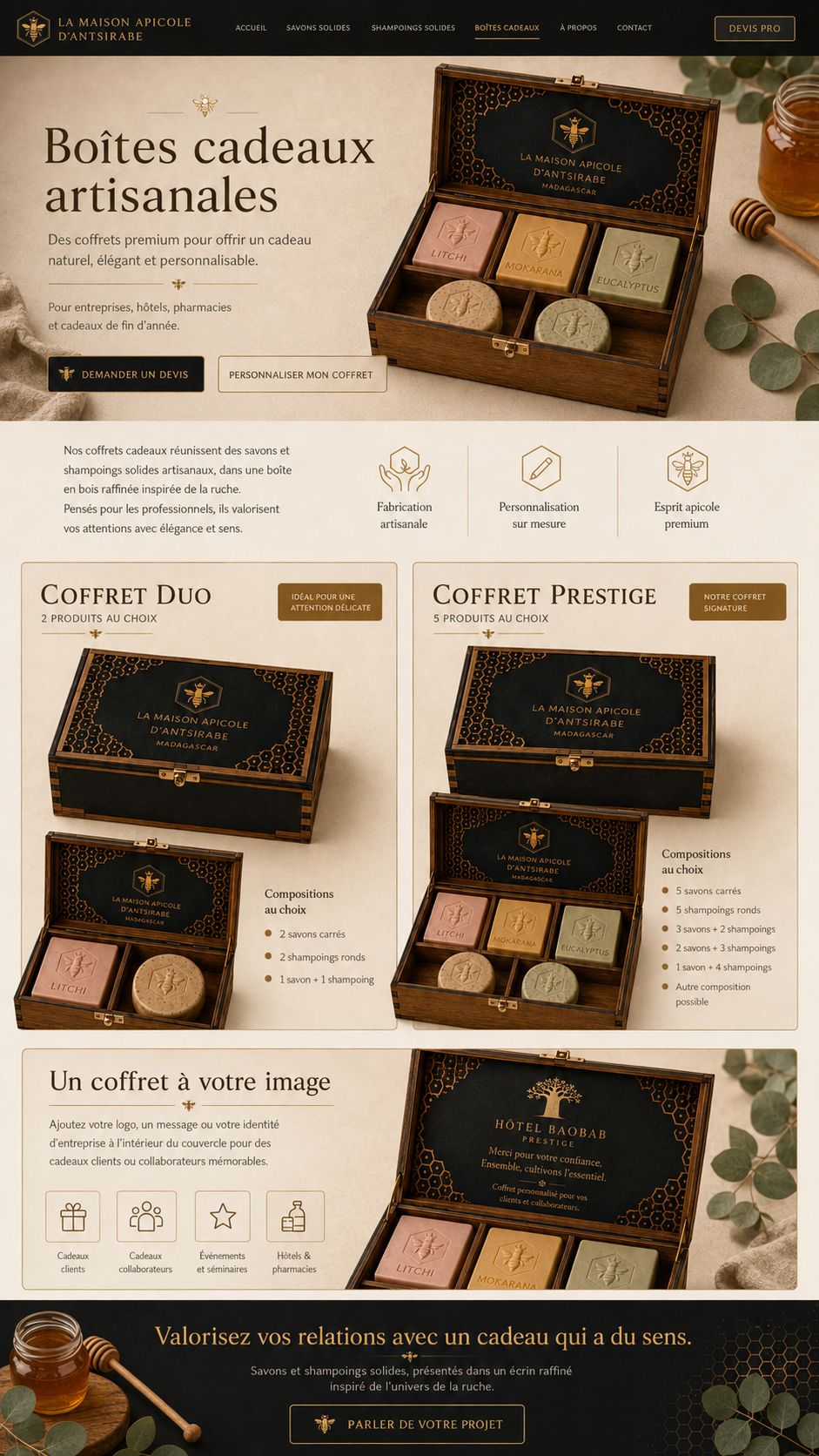 Présentation des coffrets Duo et Prestige personnalisables de La Maison Apicole d’Antsirabe